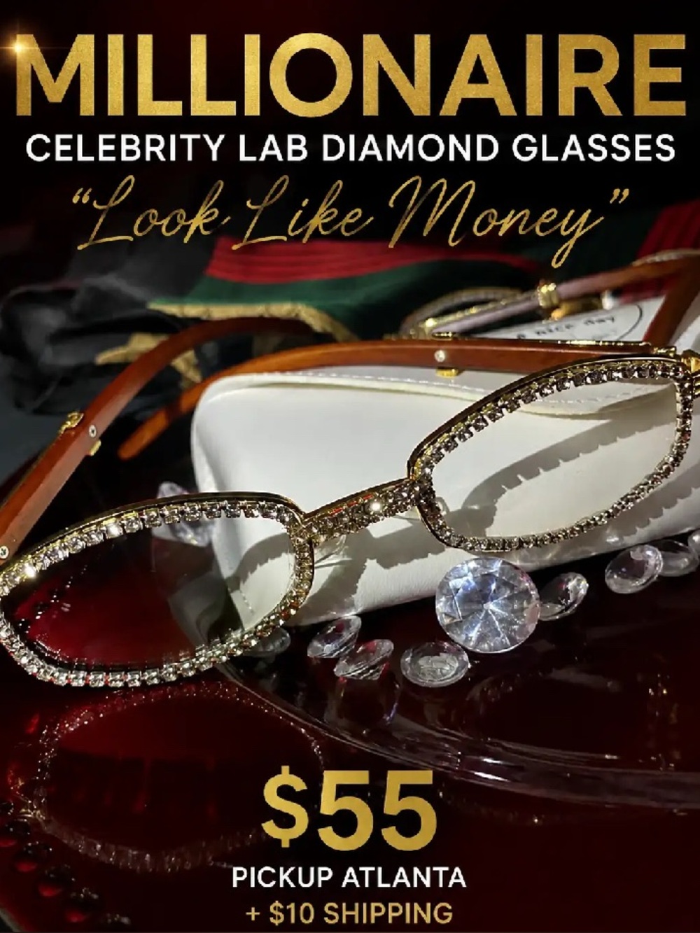 Millionaire Celebrity Lab Diamond Glasses - Gold Crystal Accent - Unbranded